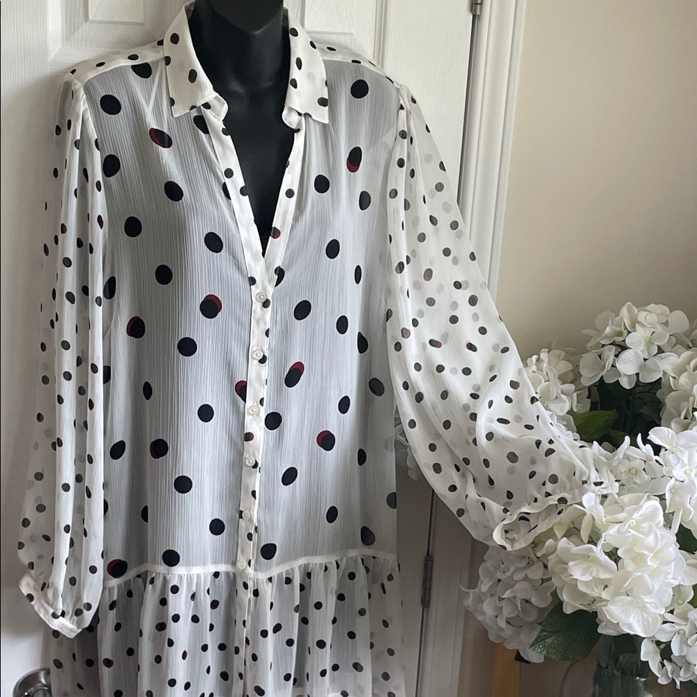 Love & Legend White Sheer Tiered Blouse with Black and Burgundy Polka Dots